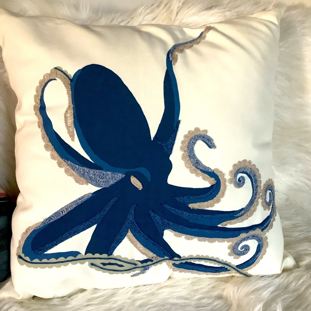 Linen Down Filled Pillow Blue Octopus on White Background 20x20